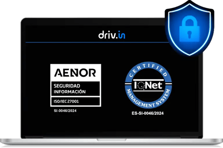 Certificación ISO/IEC 27001 de seguridad de la información otorgada a Driv.in por AENOR e IQNet, garantizando protección de datos y gestión segura en logística digital. Certificación ISO/IEC 27001 de seguridad de la información otorgada a Driv.in por AENOR e IQNet, garantizando protección de datos y gestión segura en logística digital.